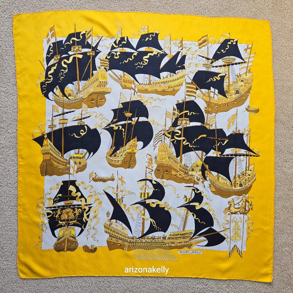 Hermès "Armada" Vintage Yellow Silk Scarf Hand Rolled Carre 90 Nautical Ships - Picture 1 of 16